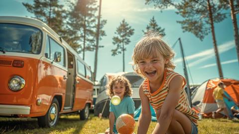 Glada barn på en camping